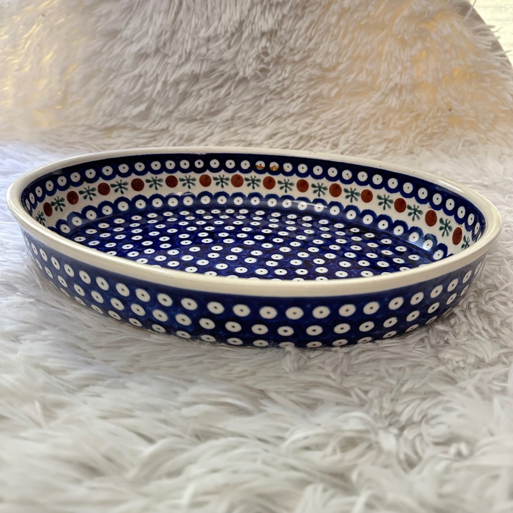 Polish Pottery Boleslawiec Blue Rose Pattern Oval Baking Dish 12" x 8" Vintage - Picture 3 of 8